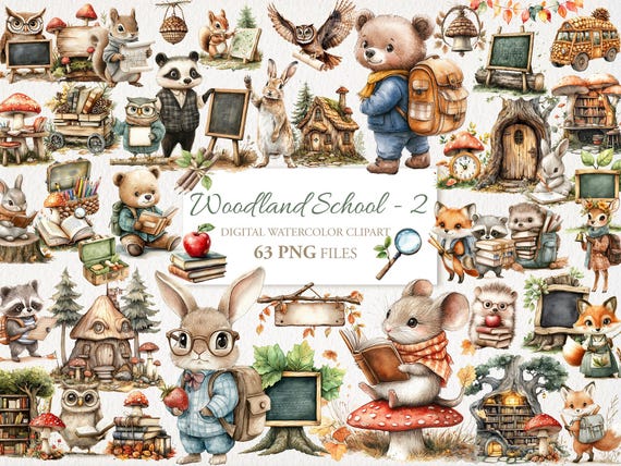 Woodland Forest School Watercolor Clipart. Cute Animals. Fox, Bear, Hare. Back to School. 63 PNG