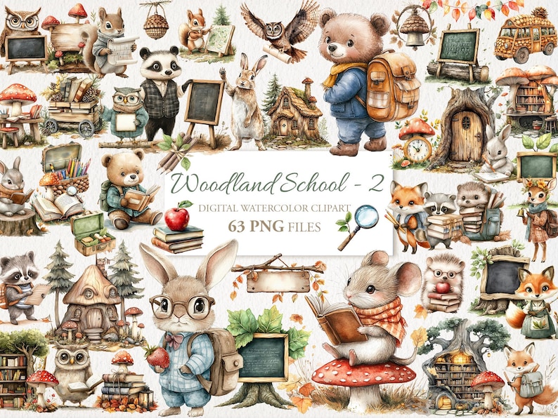以下が含まれることがあります： 「Woodland School - 2」と題された水彩デジタルクリップアートセット。クマやウサギなどの森の動物たちが、本や黒板、ランドセルなどの学校をテーマにした要素と一緒に描かれています。画像には「63 PNG FILES」というテキストが含まれています。