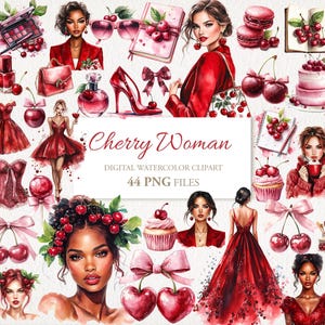 Cherry Woman Watercolor Clipart Bundle. Cibo rosso da ragazza, moda, estetica. Uso commerciale. Schede di giornale spazzatura. 44 PNG