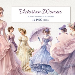 Victorian Women Woman Watercolor Clipart PNG Bundle.   AI Illustration. Instant Download for Commercial Use