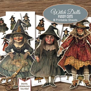 May include: Eight printable sheets of witch doll fussy cuts. The image shows a variety of witch dolls with different colored dresses, hats, and shoes. The text "Witch Dolls Fussy Cuts 8 Printable Sheets" is at the top of the image.