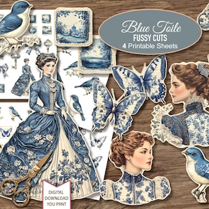 Blue Toile Victorian Vintage Fussy Cuts, fogli stampabili. Junk Journal Ephemera Cards Planner. Download digitale. 4 JPG