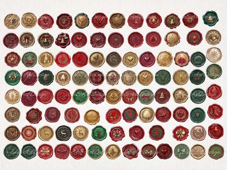 Peut inclure: Une collection de sceaux de cire de diff&eacute;rentes couleurs, rouge, vert et or. Les sceaux pr&eacute;sentent des motifs sur le th&egrave;me des f&ecirc;tes, tels que des cloches, des couronnes, des c&oelig;urs et des &eacute;toiles. Les sceaux sont ronds et d'aspect vintage.