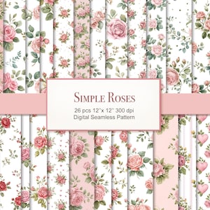 May include: A collection of 26 digital seamless patterns featuring watercolor roses in various designs. The patterns include pink roses, green leaves, and a variety of backgrounds, including polka dots and stripes. The text "SIMPLE ROSES" is displayed.