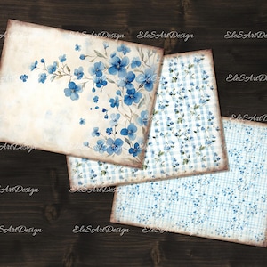 Peut inclure: Trois motifs de papier num&eacute;rique avec des fleurs bleues en aquarelle sur fond blanc. Le premier motif pr&eacute;sente une seule branche de fleurs, le second un motif r&eacute;p&eacute;titif de fleurs et de vichy, et le troisi&egrave;me un motif r&eacute;p&eacute;titif de fleurs et un fond bleu clair.