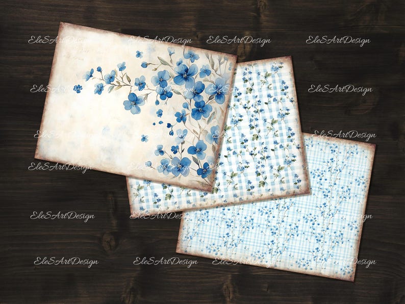 Peut inclure: Trois motifs de papier num&eacute;rique avec des fleurs bleues en aquarelle sur fond blanc. Le premier motif pr&eacute;sente une seule branche de fleurs, le second un motif r&eacute;p&eacute;titif de fleurs et de vichy, et le troisi&egrave;me un motif r&eacute;p&eacute;titif de fleurs et un fond bleu clair.