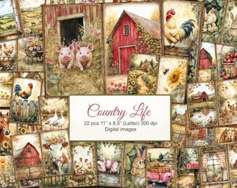 Country Farm Barn Cottagecore Junk Journal Printable Double Pages. Digital Download. AI Illustration. 22 PACK
