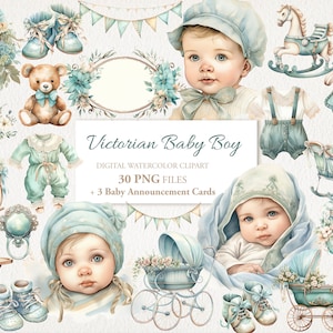 Victorian Newborn Boy Watercolor Clipart PNG Bundle. Baby Shower Children Nursery Art.  AI Illustration. Instant Download for Commercial Use
