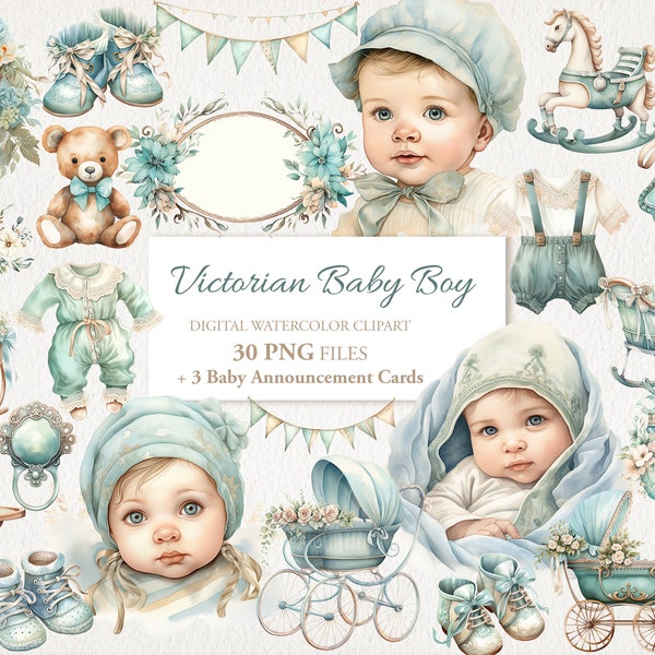 Victorian Newborn Boy Watercolor Clipart PNG Bundle. Baby Shower Children Nursery Art.  AI Illustration. Instant Download for Commercial Use