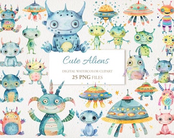 Lindos personajes alienígenas y ovnis. Paquete de imágenes prediseñadas PNG en acuarela para guardería infantil. Ilustración en IA. Descarga instantánea. Uso comercial. Paquete de 25.