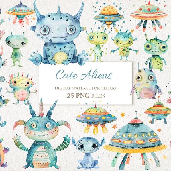 Cute Aliens Ufo Character. Watercolor Clipart PNG Bundle Children Nursery Art. AI Illustration. Instant Download. Commercial Use. 25 PACK