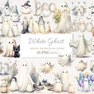 Weißer Geist Halloween Aquarell Clipart PNG Bundle. KI Illustration. Kommerzielle Nutzung. Sammelalbum Junk Journal. 35ER PACK