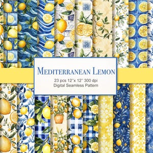Patrón sin costuras de acuarela de limón mediterráneo. Paquete de papel digital para manualidades. Uso comercial. Manualidades, decoupage y diario. Paquete de 23 unidades.