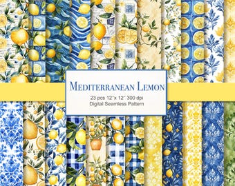 Mediterranean Lemon Watercolor Seamless Pattern. Digital Download. Commercial Use.  23 PACK