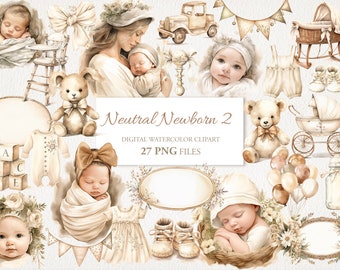Neutral Beige White Newborn Watercolor Clipart PNG Bundle. Baby Children Nursery Art.  AI Illustration. Instant Download for Commercial Use