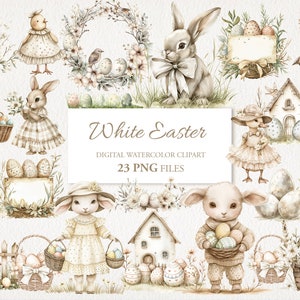 Pacchetto PNG di clipart dell'acquerello di Pasqua bianca. Illustrazione AI. Download istantaneo per uso commerciale. Carta del diario spazzatura. CONFEZIONE DA 23