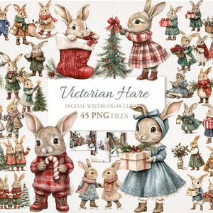 May include: Digital watercolor clip art set featuring Victorian-era hares in various outfits. The hares are depicted with festive items like gifts, Christmas trees, and scarves. The image includes the text "Victorian Hare" and "45 PNG FILES".