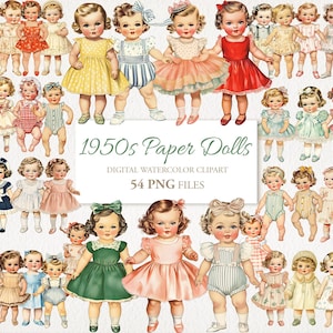 Bambole di carta anni '50, bambine, clipart, illustrazione, materiale effimero del diario spazzatura, download digitale, 54 PNG