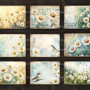 May include: Nine digital collage sheets featuring white daisies and birds on a vintage background. The images are ideal for scrapbooking, card making, and other paper crafts.