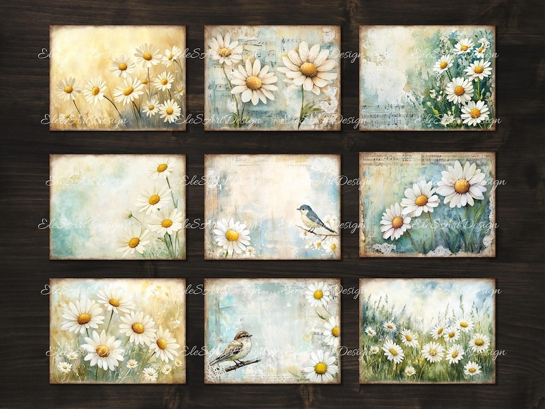 May include: Nine digital collage sheets featuring white daisies and birds on a vintage background. The images are ideal for scrapbooking, card making, and other paper crafts.