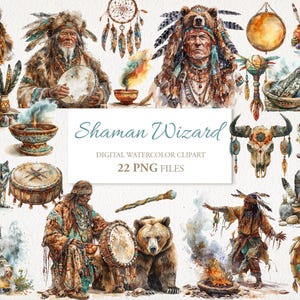 Schamane Zauberer Aquarell Clipart PNG Bundle. Schamanische Magie. KI Illustration. Digitaler Download. Kommerzielle Nutzung. Sammelalbum. 22 PACK