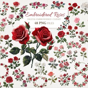May include: A collection of 48 embroidered rose images in various colors and styles, including single roses, bouquets, and wreaths. The images are perfect for crafting projects, scrapbooking, and digital design.