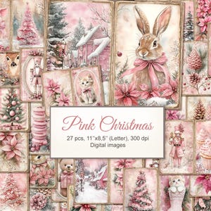 Pink Weihnacht Winter Junk Journal. Vintage Doppelseiten zum Ausdrucken. Digitaler Download. 27 PACK