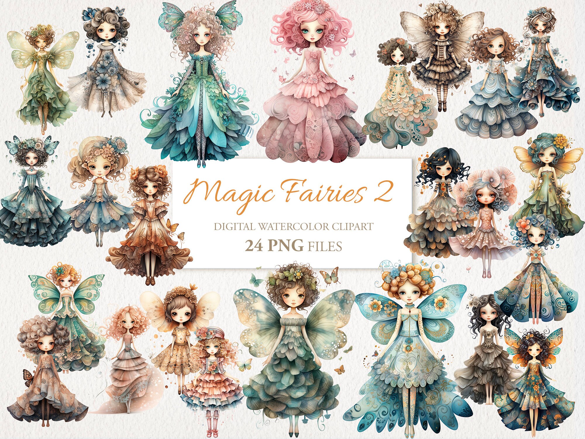 Magic Whimsical Fantasy Fairy Girls Dolls Cartoons Watercolor Clipart ...