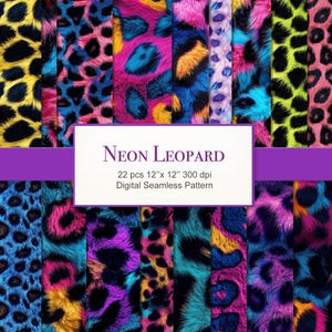 Retro Neon Leopard Fur Seamless Pattern. Repeated Texture Digital Paper Bundle Commercial Use. Scrapbook Junk Journal Fabric. 22 PACK