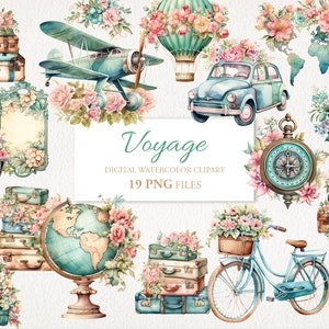 Voyage Watercolor Clipart PNG Bundle. Floral Retro Journey Trip Travel . Shabby Chic.  AI Illustration. Instant Download. Commercial Use