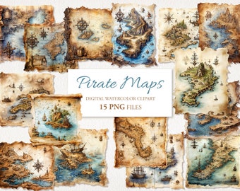Pirate Maps Watercolor Nautical Clipart PNG Bundle. AI Illustration. Digital Download. Commercial Use. Sea Scrapbook Junk Journal. 15 PACK