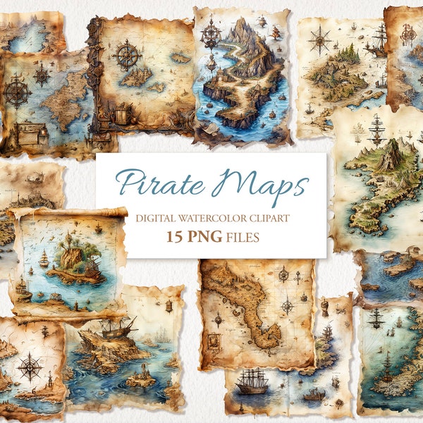 Pirate Maps Watercolor Nautical Clipart PNG Bundle. AI Illustration. Digital Download. Commercial Use. Sea Scrapbook Junk Journal. 15 PACK