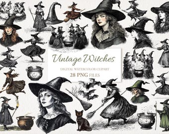 Paquete de imágenes prediseñadas de arte lineal de brujas vintage. Bruja, magia, antiguo. Ilustración en IA para uso comercial. Álbum de recortes, diario creativo. 28 imágenes PNG.