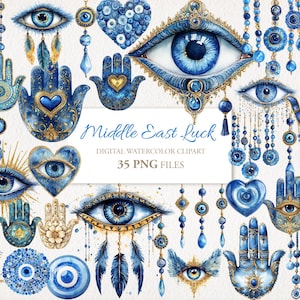 Ensemble de cliparts chanceux bleu du Moyen-Orient, symbole de la chance. Illustration de l'IA. Utilisation commerciale. Journal de déchets de scrapbooking. 35 PNG