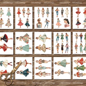 May include: A digital collage sheet featuring 30 vintage-style illustrations of women in various dresses and outfits. The illustrations are in a retro style and feature a variety of colors and patterns.
