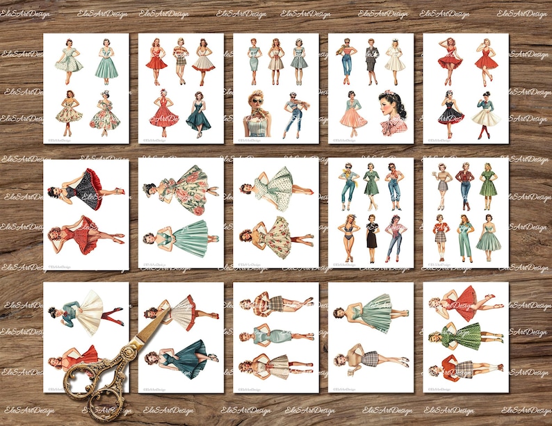 May include: A digital collage sheet featuring 30 vintage-style illustrations of women in various dresses and outfits. The illustrations are in a retro style and feature a variety of colors and patterns.