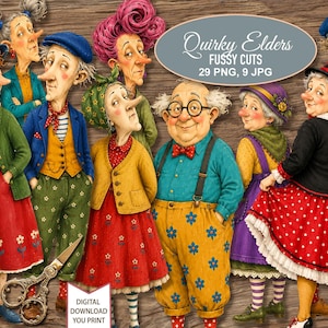Puede incluir: Una colección digital de ilustraciones titulada Quirky Elders Fussy Cuts, que incluye 29 archivos PNG y 9 JPG. Las imágenes muestran a un grupo de personajes ancianos con ropa colorida y estampada, incluyendo vestidos, pantalones y sombreros, sobre un fondo de veta de madera.