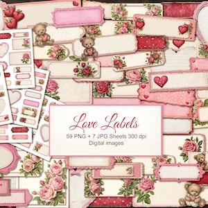 May include: A collection of digital images featuring pink and white labels, hearts, roses, and teddy bears. The text "Love Labels" is displayed on a rectangular sign. The images are designed for digital use, with 59 PNG and 7 JPG sheets at 300 dpi.