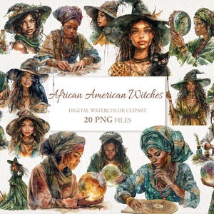 Pacchetto PNG di clipart dell'acquerello delle streghe afroamericane. Illustrazione AI. Download istantaneo per uso commerciale. Diario spazzatura dell'album. CONFEZIONE DA 20