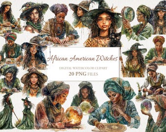 Paquete de imágenes prediseñadas PNG de brujas afroamericanas en acuarela. Ilustración en formato AI. Descarga instantánea para uso comercial. Ideal para álbumes de recortes y diarios creativos. Paquete de 20 imágenes.