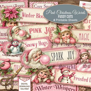 Pink Christmas Words Quotes. Junk Journal Ephemera. 4 JPG (Digital Download)
