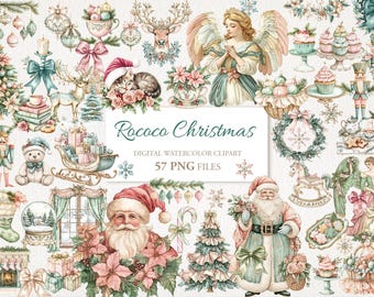 May include: A digital watercolour clipart set featuring a Rococo Christmas theme. The set includes 57 PNG files with images of Santa Claus, angels, reindeer, nutcrackers, Christmas trees, and other festive elements in a vintage style.