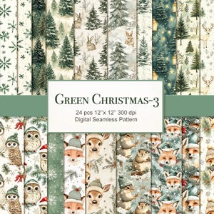 Puede incluir: Un conjunto de 24 patrones digitales sin costuras con un tema navideño verde. Los patrones incluyen búhos, zorros, ciervos, ardillas, copos de nieve y árboles en una variedad de tonos verdes. Los patrones miden 30,5 cm por 30,5 cm y 300 dpi.