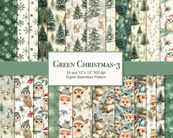 May include: A set of 24 digital seamless patterns featuring a green Christmas theme. The patterns include owls, foxes, deer, squirrels, snowflakes, and trees in a variety of green shades. The patterns are 30.5 cm by 30.5 cm and 300 dpi.