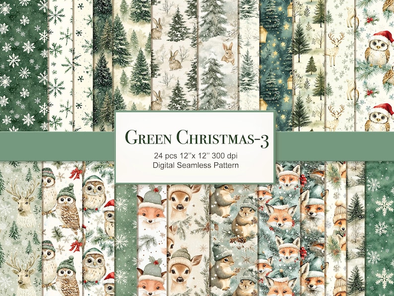 May include: A set of 24 digital seamless patterns featuring a green Christmas theme. The patterns include owls, foxes, deer, squirrels, snowflakes, and trees in a variety of green shades. The patterns are 30.5 cm by 30.5 cm and 300 dpi.