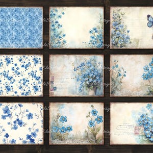 Peut inclure: Feuille de collage num&eacute;rique avec 10 motifs diff&eacute;rents mettant en sc&egrave;ne des fleurs bleues de myosotis, des papillons et des textures vintage. Les motifs sont parfaits pour le scrapbooking, la fabrication de cartes et autres travaux manuels en papier.