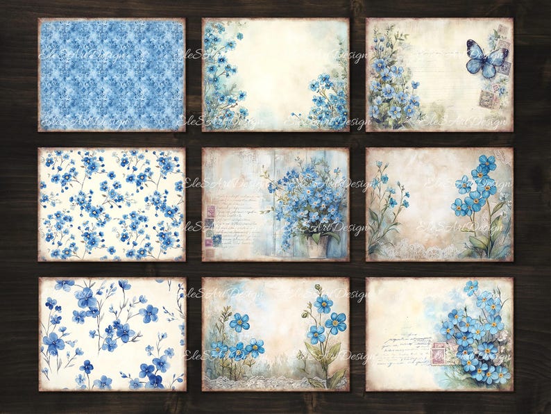 Peut inclure: Feuille de collage num&eacute;rique avec 10 motifs diff&eacute;rents mettant en sc&egrave;ne des fleurs bleues de myosotis, des papillons et des textures vintage. Les motifs sont parfaits pour le scrapbooking, la fabrication de cartes et autres travaux manuels en papier.