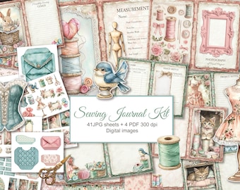 Kit de agenda creativa para costura. Estilo vintage shabby chic cottagecore con recortes, efímeros, páginas y papel para manualidades. Descarga digital. Paquete de 41 unidades.
