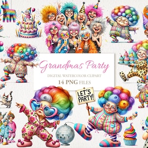 Omas Geburtstags-lustiges schrulliges Party Clipart PNG-Bundle. KI Illustration. Kommerzielle Nutzung. Sammelalbum Junk Journal Karten Einladung. 14 PNG