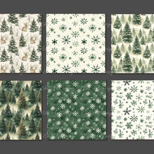 May include: Set of six digital paper patterns featuring winter forest scenes. The patterns include snowflakes, pine trees, and rabbits in a watercolour style.